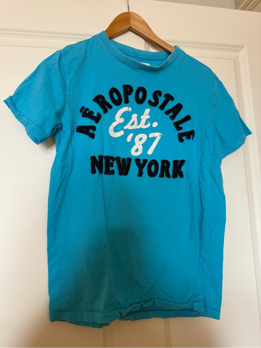 2- Aeropostale Bright Teal Short Sleeve Graphic Tee with Navy & White Lettering